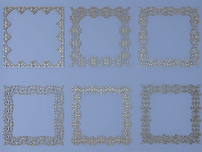 Intricate Carved Metal Frames With Various Decorative Patterns On Blue Background 3d model