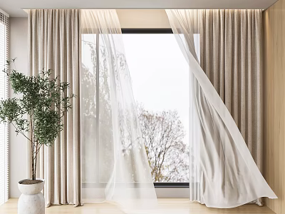 Sunlit Modern Curtains with Sheer and Solid Layers by Window with Potted Plant and Trees 3d model