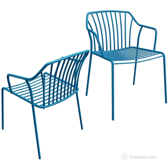 Two Blue Modern Metal Leisure Chairs With Striped Backrest And Armrest Design 3d model 