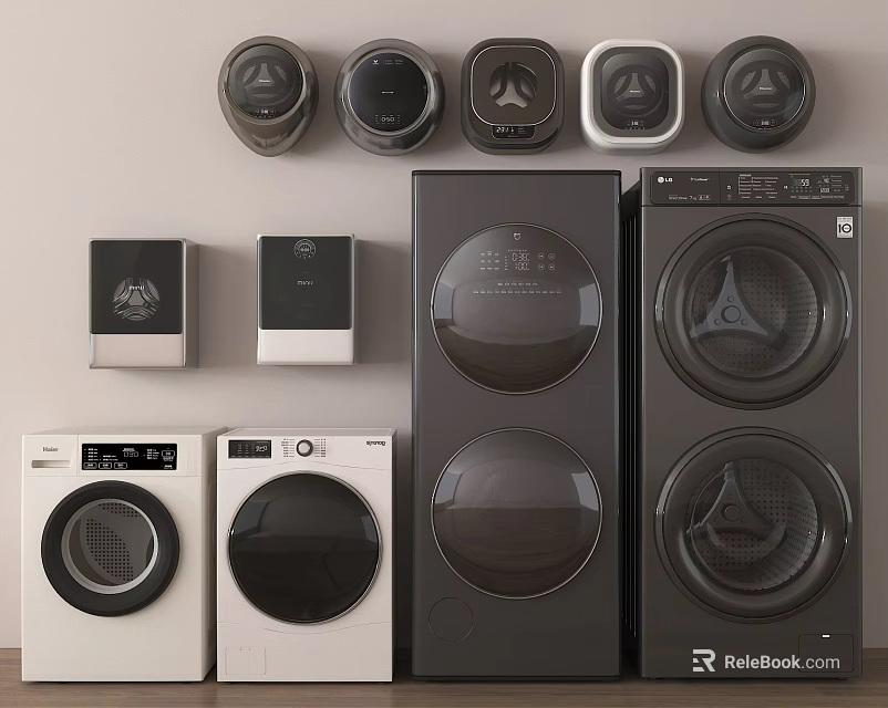 Modern Black and White Washing Machines with Circular Doors and Control Panels 3d model 