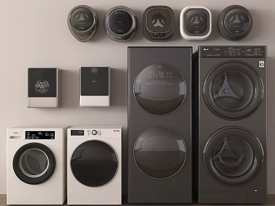 Modern Black and White Washing Machines with Circular Doors and Control Panels 3d model
