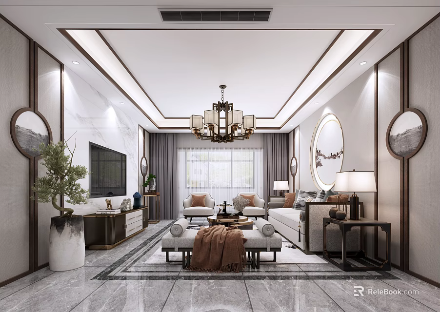 Elegant Modern Living and Dining Room Interior With Chandelier Circular Decorations Sofa And Coffee Table 3d model 