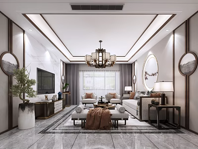 Elegant Modern Living and Dining Room Interior With Chandelier Circular Decorations Sofa And Coffee Table 3d model