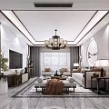 Elegant Modern Living and Dining Room Interior With Chandelier Circular Decorations Sofa And Coffee Table