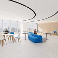 Modern Lounge Area Interior Design With Blue Curved Sofas White Seats And People Relaxing