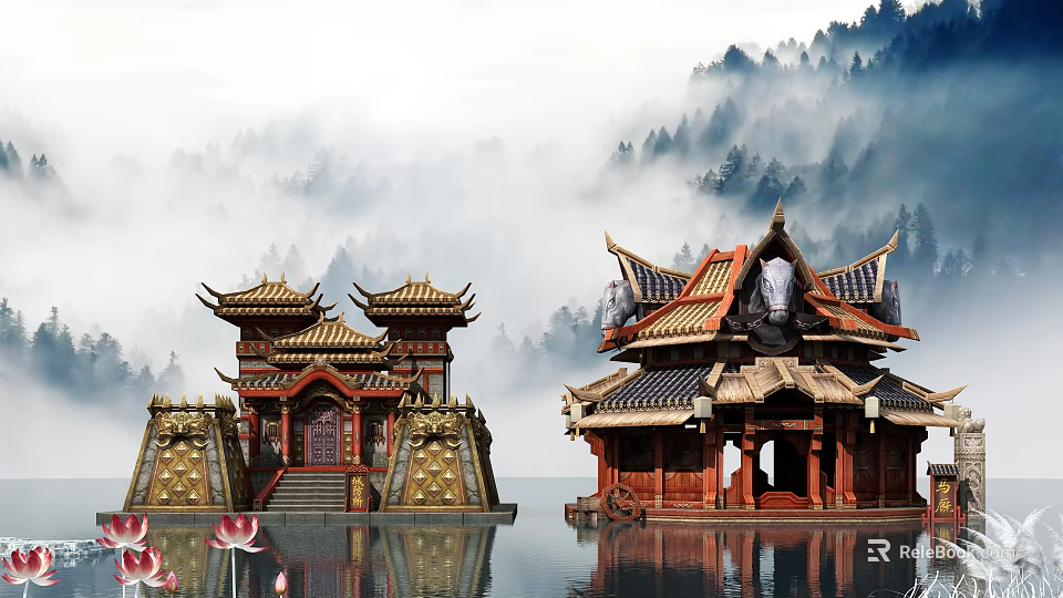 Cartoon Scene With Chinese Ancient Buildings On Water Shore Mountains Mist And Lotus Flowers 3d model 