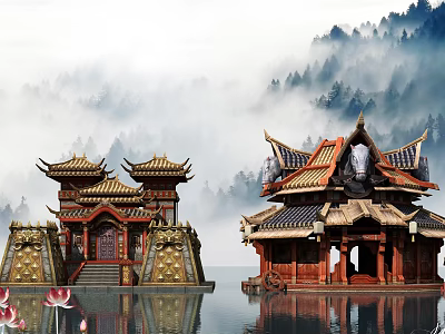 Cartoon Scene With Chinese Ancient Buildings On Water Shore Mountains Mist And Lotus Flowers 3d model