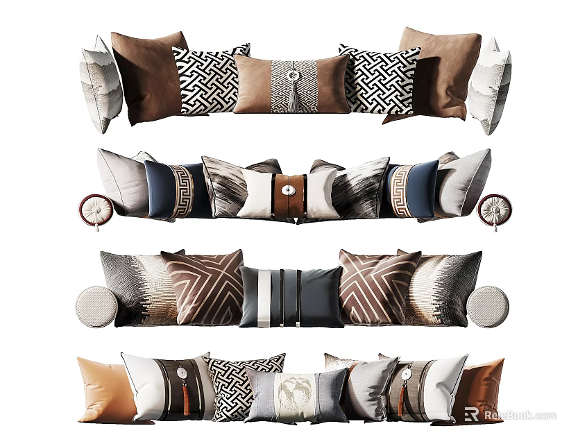 Modern Multicolor Pillow Set With Geometric Patterns Brown Beige Blue Gray Tones And Textures 3d model