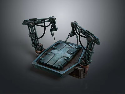Mechanical Character And Creature With Robotic Arms On Metal Platform Structure 3d model