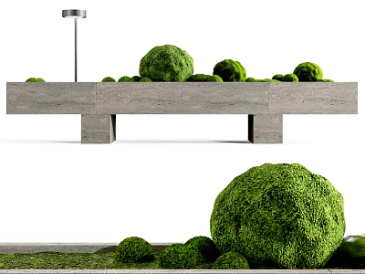 Round Green Bonsai Plants Decoratively Arranged On Long Stone Garden Bench 3d model