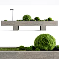 Round Green Bonsai Plants Decoratively Arranged On Long Stone Garden Bench