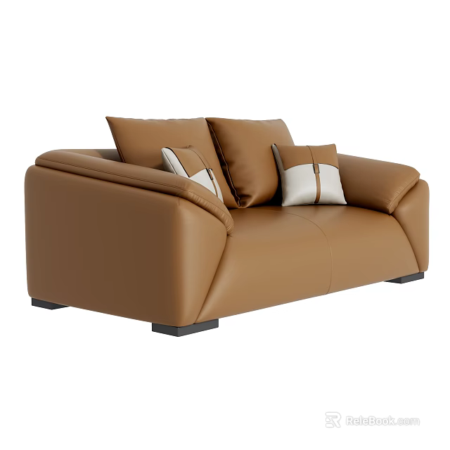 Two Seater Brown Leather Sofa With Modern Design And Decorative Cushions 3d model 