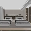 Modern Bedroom Interior With Twin Beds Open Wardrobe And Floor to Ceiling Windows