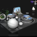 Modern Display Shelves With White Spherical Decor Green Plants And Circular Show Platforms