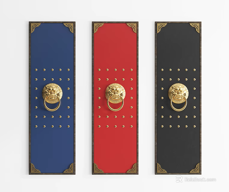 Traditional Lion Head Door Knockers in Blue Red Black with Golden Accents and Ornate Borders 3d model 