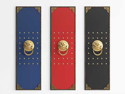 Traditional Lion Head Door Knockers in Blue Red Black with Golden Accents and Ornate Borders 3d model