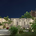 Modern Garden Landscape At Night Featuring Wooden Screen Mountain Pattern Green Plants And Lanterns