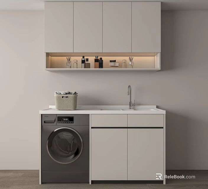 White Bathroom Cabinet Unit with Washing Machine Wall-Mounted Open Shelf and Toiletries Lighting 3d model 