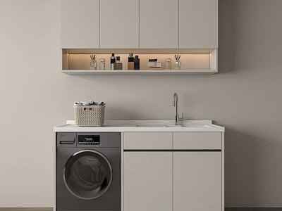White Bathroom Cabinet Unit with Washing Machine Wall-Mounted Open Shelf and Toiletries Lighting 3d model