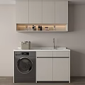 White Bathroom Cabinet Unit with Washing Machine Wall-Mounted Open Shelf and Toiletries Lighting