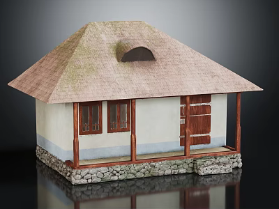 Traditional Small House With Thatched Roof Wooden Frame And White Walls Stone Foundation 3d model