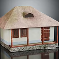Traditional Small House With Thatched Roof Wooden Frame And White Walls Stone Foundation