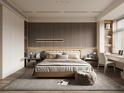 Modern Bedroom Interior With Wooden Wall Paneling Bed Rug Desk White Wardrobe And Natural Light 3d model