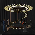 Circular Stage With Ring Lighting And Wooden Supports Near Decorative Tables And People
