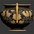 Intricately Sculpted Black Urn With Yellow Leaf Carvings And Decorative Handles