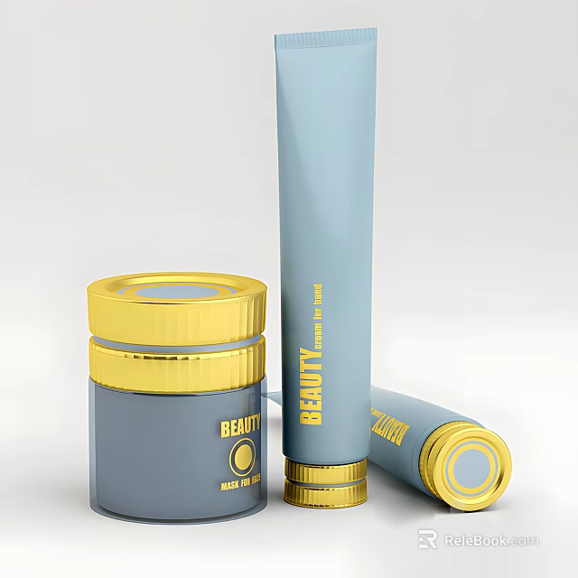 Perfume Cosmetics Blue And Gold Tube Jar Packaging With Elegant Beauty Line Design 3d model 
