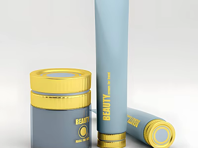 Perfume Cosmetics Blue And Gold Tube Jar Packaging With Elegant Beauty Line Design 3d model