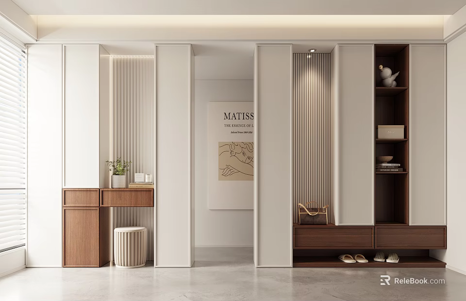 Modern Entryway Shoe Cabinet Interior Design With Wooden Storage And Minimalist Shelves 3d model 