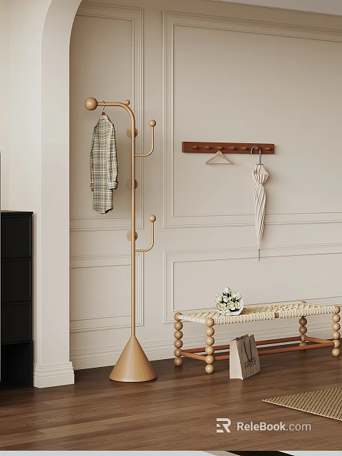 Modern Entryway Decor With Gold Coat Rack Wooden Hooks And Rattan Bench 3d model 