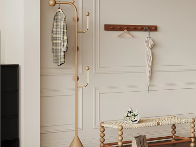 Modern Entryway Decor With Gold Coat Rack Wooden Hooks And Rattan Bench 3d model