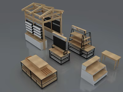 Modern Display Shelving Units Featuring Wooden Metal Frames And Multi-tier Retail Storage Designs 3d model