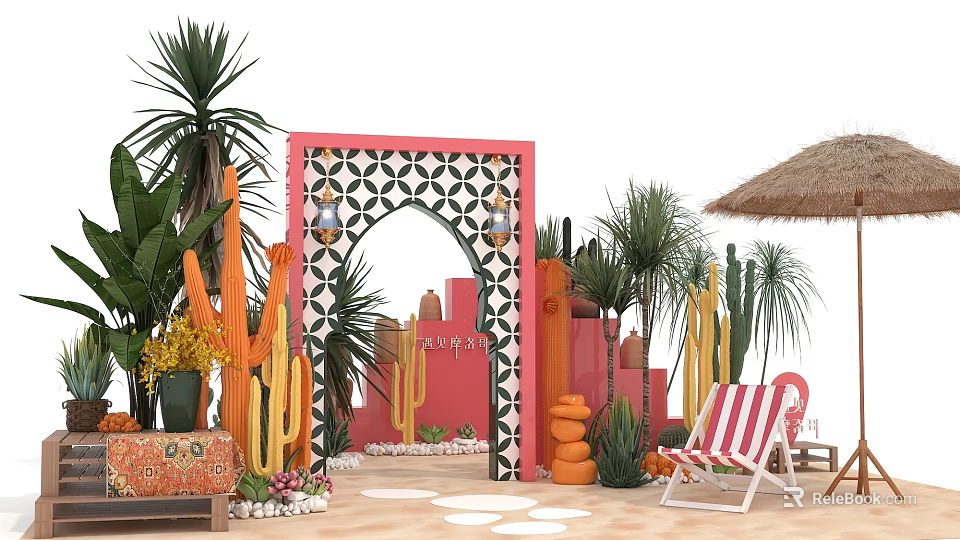 Tropical Desert Outdoor Scene With Cactus Arched Door Palm Trees Striped Chair And Straw Umbrella 3d model 