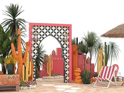 Tropical Desert Outdoor Scene With Cactus Arched Door Palm Trees Striped Chair And Straw Umbrella 3d model