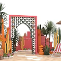 Tropical Desert Outdoor Scene With Cactus Arched Door Palm Trees Striped Chair And Straw Umbrella