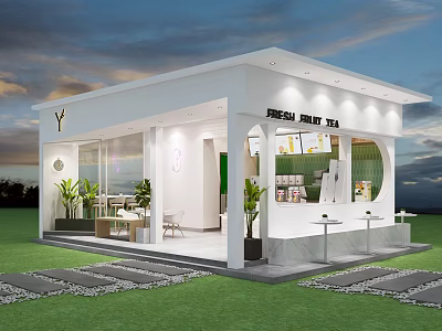 Modern Fresh Milk Tea Shop With Glass Storefront Outdoor Seating And Green Plants 3d model