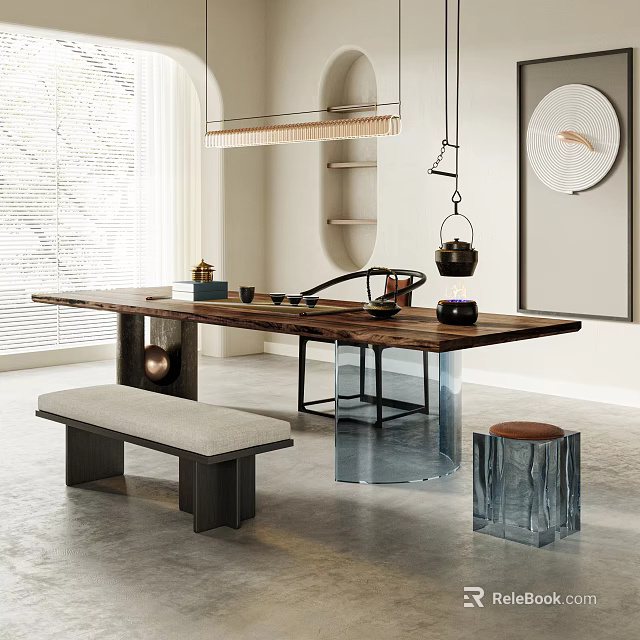 Modern Tea Table With Wooden Top Glass Legs Bench Stool And Teaware In Natural Light 3d model 