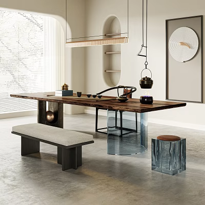 Modern Tea Table With Wooden Top Glass Legs Bench Stool And Teaware In Natural Light 3d model