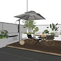 Contemporary Outdoor Garden Landscape With Wooden Deck Umbrella Tables Chairs Lighting And Green Plants