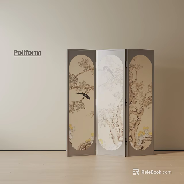 Poliform Tri Fold Screen With Floral And Bird Patterns In Modern Chinese Interior 3d model