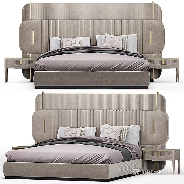 Elegant Double Bed With Upholstered Headboard Bedside Tables And Neutral Tones 3d model