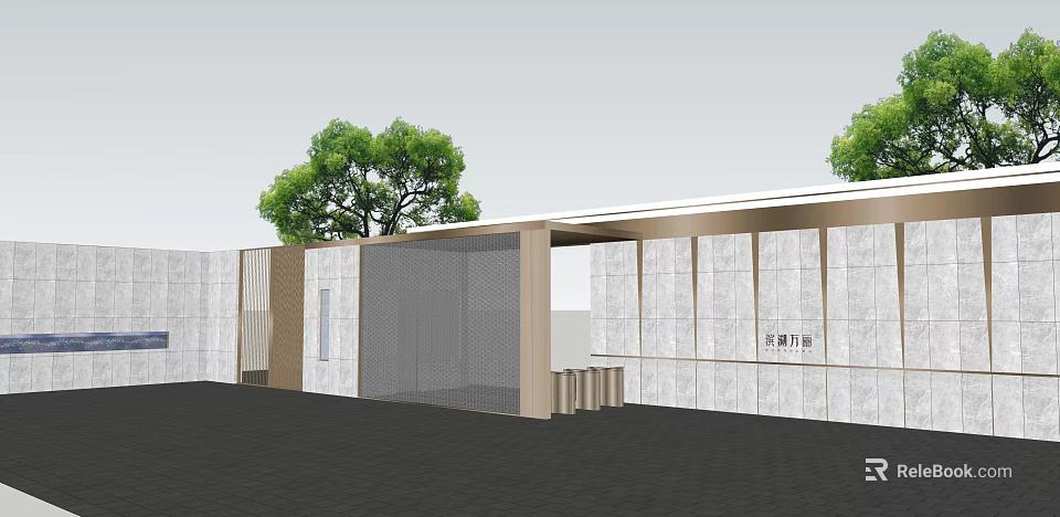 Modern Entrance Gate With White Roof Stone Wall Metal Frame Grid Design And Trees 3d model 