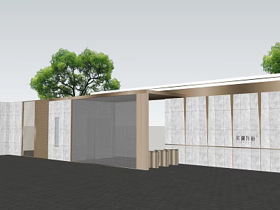 Modern Entrance Gate With White Roof Stone Wall Metal Frame Grid Design And Trees 3d model