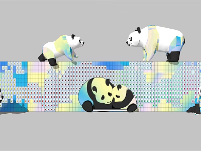 Colorful Mosaic Feature Wall With Playful Panda Sculptures And Vivid Patterns 3d model