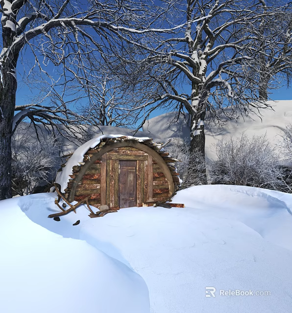 Scenic Winter Landscape With Snow Covered Log Cabin And Snow Laden Trees Under Blue Sky 3d model 