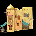 Cartoon Scene Of Arabian Style Buildings With Golden Dome And Colorful Awnings