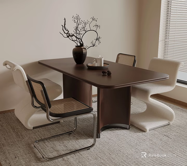 Stylish Interior With Wooden Dining Table Decorative Vase Modern Chairs Rug And Window Blinds 3d model 